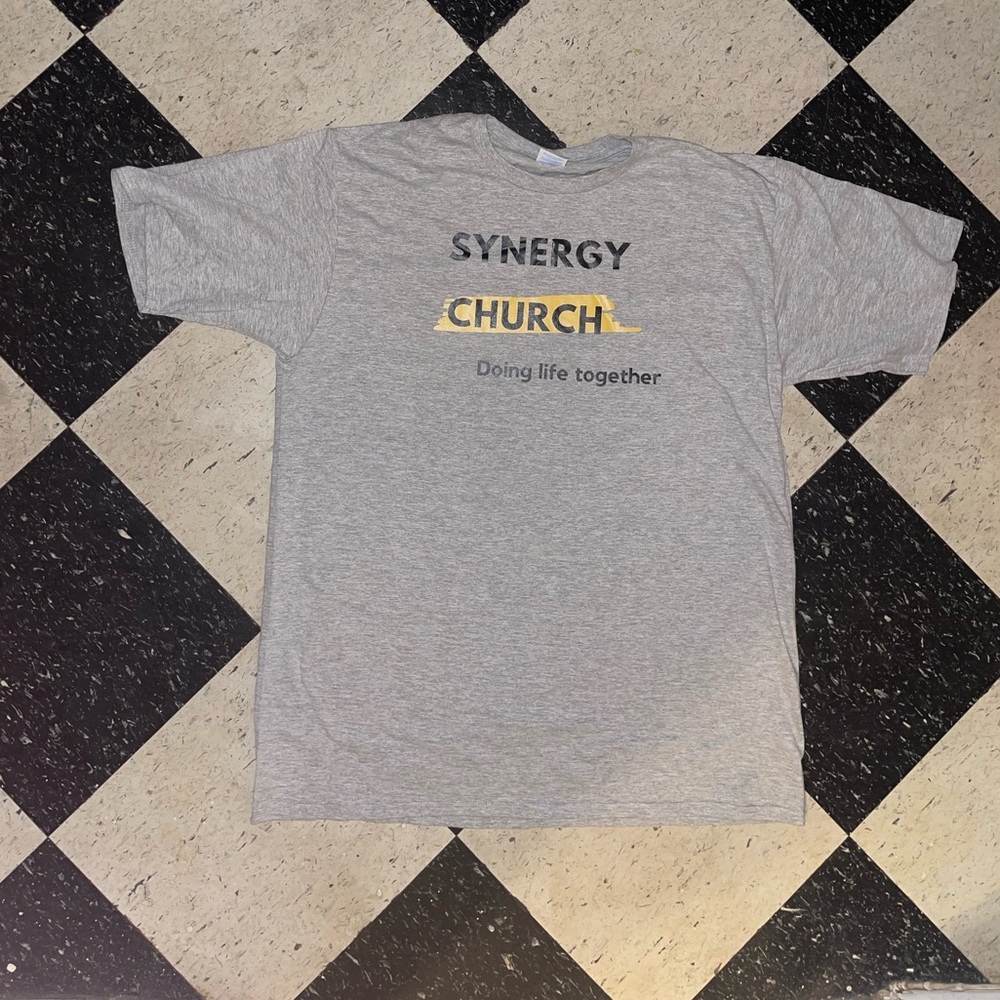 Lightly worn Synergy Church T shirt.
Size: XL